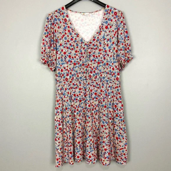 Boden V-Neck Jersey Dress Women’s Size 16 Riviera Blue Floral Stretch Knit Retro - Picture 4 of 12